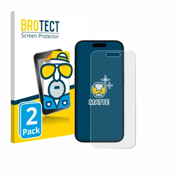 Front side of a product packaging with the brand logo BROTECT. Next to it is the device Apple iPhone 15 shown with the corresp