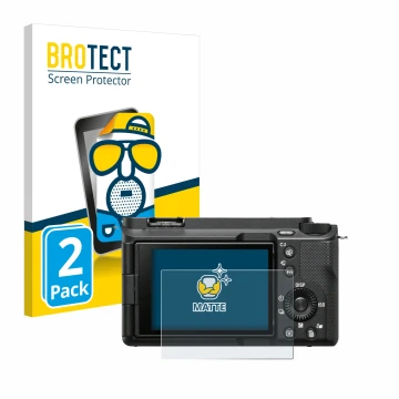 Front side of a product packaging with the brand logo BROTECT. Next to it is the device Sony Alpha ZV-E1 shown with the corres