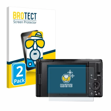 Front side of a product packaging with the brand logo BROTECT. Next to it is the device Sony ZV-1M2 shown with the correspondi