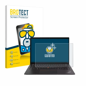 Front side of a product packaging with the brand logo BROTECT. Next to it is the device Lenovo ThinkPad T14s Gen 4 shown with 