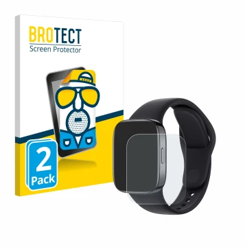Front side of a product packaging with the brand logo BROTECT. Next to it is the device Xiaomi Redmi Watch 3 shown with the co