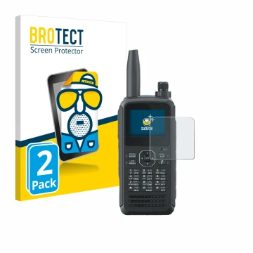 Front side of a product packaging with the brand logo BROTECT. Next to it is the device Kenwood TH-D75E D-Star shown with the 