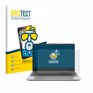 Front side of a product packaging with the brand logo BROTECT. Next to it is the device HP 250 G9 shown with the corresponding