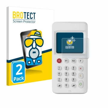 Front side of a product packaging with the brand logo BROTECT. Next to it is the device myPOS Go 2 shown with the correspondin