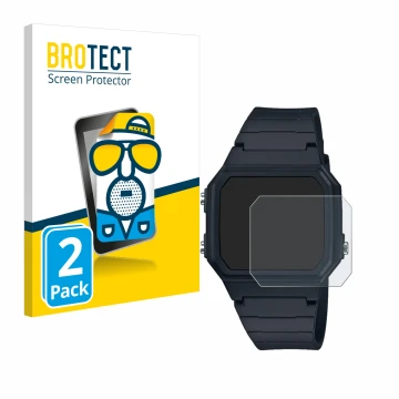 Front side of a product packaging with the brand logo BROTECT. Next to it is the device Casio W-217H-1AVCF shown with the corr