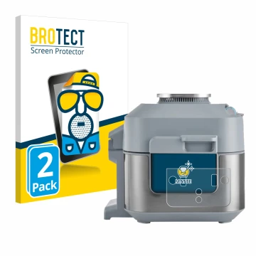Front side of a product packaging with the brand logo BROTECT. Next to it is the device Ninja Speedi Rapid Cooking System show
