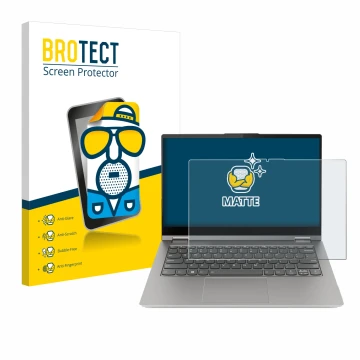 Front side of a product packaging with the brand logo BROTECT. Next to it is the device Lenovo ThinkBook 14s Yoga G3 shown wit