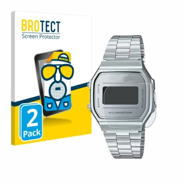 Front side of a product packaging with the brand logo BROTECT. Next to it is the device Casio A168WEM-7EF shown with the corre