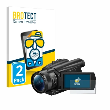 Front side of a product packaging with the brand logo BROTECT. Next to it is the device Sony FDR-AX700 shown with the correspo