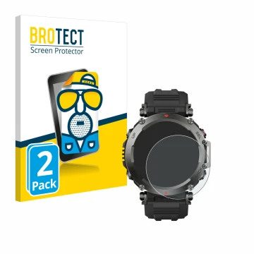 Front side of a product packaging with the brand logo BROTECT. Next to it is the device Huami Amazfit T-Rex Ultra shown with t