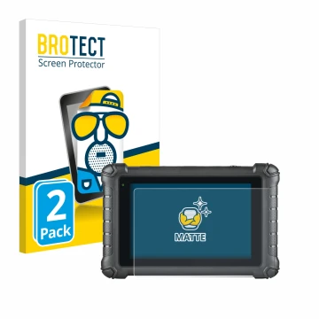 Front side of a product packaging with the brand logo BROTECT. Next to it is the device Autel MaxiDAS DS900 shown with the cor