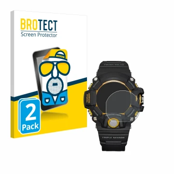 Front side of a product packaging with the brand logo BROTECT. Next to it is the device Casio G-Shock GW-9400Y-1 shown with th