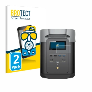 Front side of a product packaging with the brand logo BROTECT. Next to it is the device EcoFlow DELTA 2 shown with the corresp