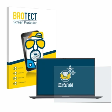 Front side of a product packaging with the brand logo BROTECT. Next to it is the device LG gram 16'' 2023 shown with the corre