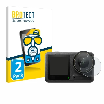 Front side of a product packaging with the brand logo BROTECT. Next to it is the device DJI Osmo Action 4 (Lens) shown with th