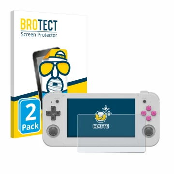 Front side of a product packaging with the brand logo BROTECT. Next to it is the device Anbernic RG505 shown with the correspo