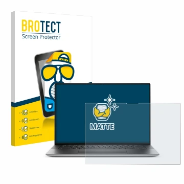 Front side of a product packaging with the brand logo BROTECT. Next to it is the device Dell XPS 15 9530 Touch shown with the 