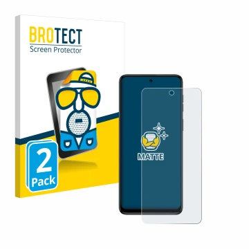 Front side of a product packaging with the brand logo BROTECT. Next to it is the device Motorola Moto G54 shown with the corre