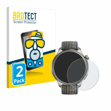 Front side of a product packaging with the brand logo BROTECT. Next to it is the device Huami Amazfit Balance shown with the c