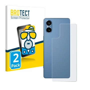 Front side of a product packaging with the brand logo BROTECT. Next to it is the device Sony Xperia 5 V (Back) shown with the 