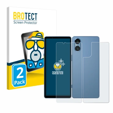 Front side of a product packaging with the brand logo BROTECT. Next to it is the device Sony Xperia 5 V (Front+Back) shown wit