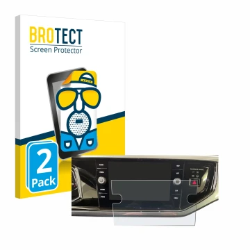 Front side of a product packaging with the brand logo BROTECT. Next to it is the device Volkswagen Polo VI Ready 2 Discover 8