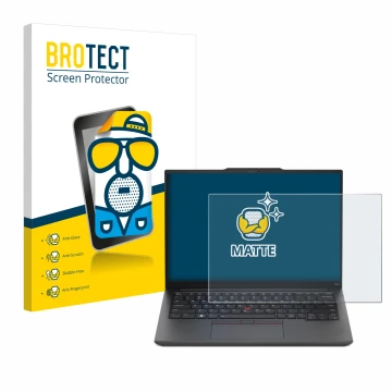Front side of a product packaging with the brand logo BROTECT. Next to it is the device Lenovo ThinkPad E14 Gen 5 shown with t