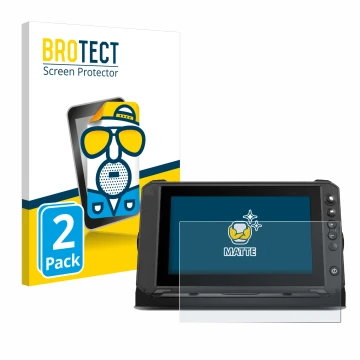 Front side of a product packaging with the brand logo BROTECT. Next to it is the device Lowrance Elite FS 9 shown with the cor
