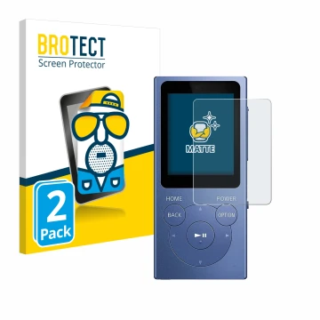 Front side of a product packaging with the brand logo BROTECT. Next to it is the device Sony Walkman NW-E394 shown with the co