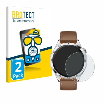 Front side of a product packaging with the brand logo BROTECT. Next to it is the device Huawei Watch GT 4 (46mm) shown with th