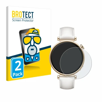 Front side of a product packaging with the brand logo BROTECT. Next to it is the device Huawei Watch GT 4 (41mm) shown with th
