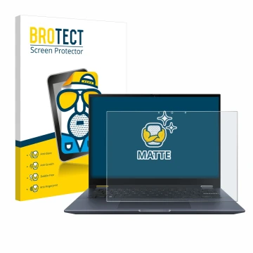 Front side of a product packaging with the brand logo BROTECT. Next to it is the device ASUS Vivobook S 14 Flip TP3402 shown w