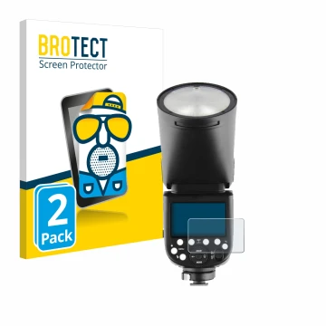 Front side of a product packaging with the brand logo BROTECT. Next to it is the device Godox V1 shown with the corresponding 