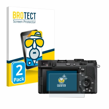 Front side of a product packaging with the brand logo BROTECT. Next to it is the device Sony Alpha 7CR shown with the correspo