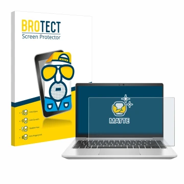 Front side of a product packaging with the brand logo BROTECT. Next to it is the device HP EliteBook 645 G10 shown with the co