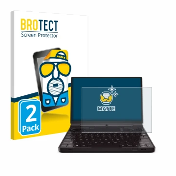 Front side of a product packaging with the brand logo BROTECT. Next to it is the device GPD Win Max 2 2023 shown with the corr