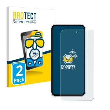 Front side of a product packaging with the brand logo BROTECT. Next to it is the device Samsung Galaxy S23 FE shown with the c