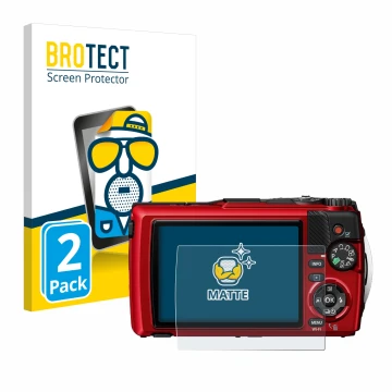Front side of a product packaging with the brand logo BROTECT. Next to it is the device Olympus OM System Tough TG-7 shown wit