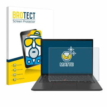 Front side of a product packaging with the brand logo BROTECT. Next to it is the device Lenovo ThinkPad T16 Gen 3 shown with t