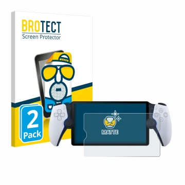 Front side of a product packaging with the brand logo BROTECT. Next to it is the device Sony Playstation Portal shown with the