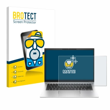 Front side of a product packaging with the brand logo BROTECT. Next to it is the device HP EliteBook 840 G10 shown with the co