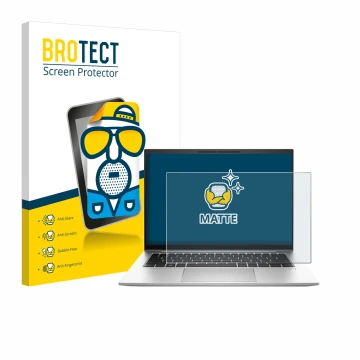 Front side of a product packaging with the brand logo BROTECT. Next to it is the device HP EliteBook 845 G10 shown with the co