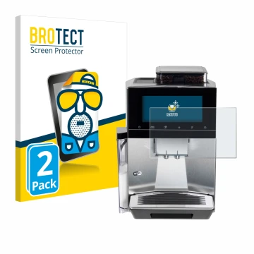 Front side of a product packaging with the brand logo BROTECT. Next to it is the device Siemens EQ900 TQ903D03 shown with the 