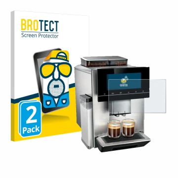 Front side of a product packaging with the brand logo BROTECT. Next to it is the device Siemens EQ900 TQ907D03 shown with the 