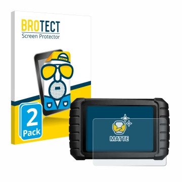 Front side of a product packaging with the brand logo BROTECT. Next to it is the device iCarsoft CR Max shown with the corresp