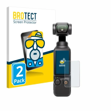 Front side of a product packaging with the brand logo BROTECT. Next to it is the device DJI Osmo Pocket 3 shown with the corre