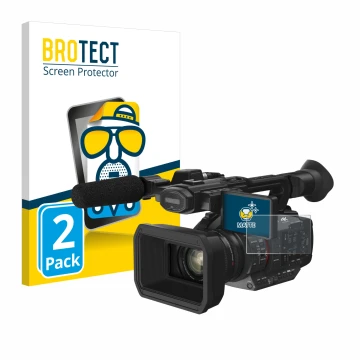 Front side of a product packaging with the brand logo BROTECT. Next to it is the device Panasonic HC-X2 shown with the corresp
