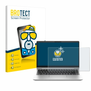 Front side of a product packaging with the brand logo BROTECT. Next to it is the device HP ProBook 445 G10 shown with the corr