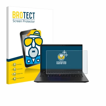 Front side of a product packaging with the brand logo BROTECT. Next to it is the device Lenovo ThinkPad L14 Gen 3 shown with t