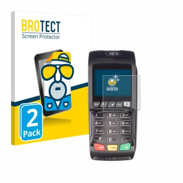 Front side of a product packaging with the brand logo BROTECT. Next to it is the device ingenico Desk/3500 shown with the corr